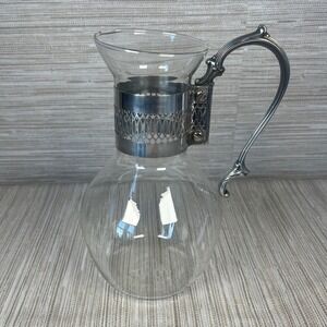 Vintage Corning Glass Carafe with Ornate Metal Silver Plated Handle  Heat Proof